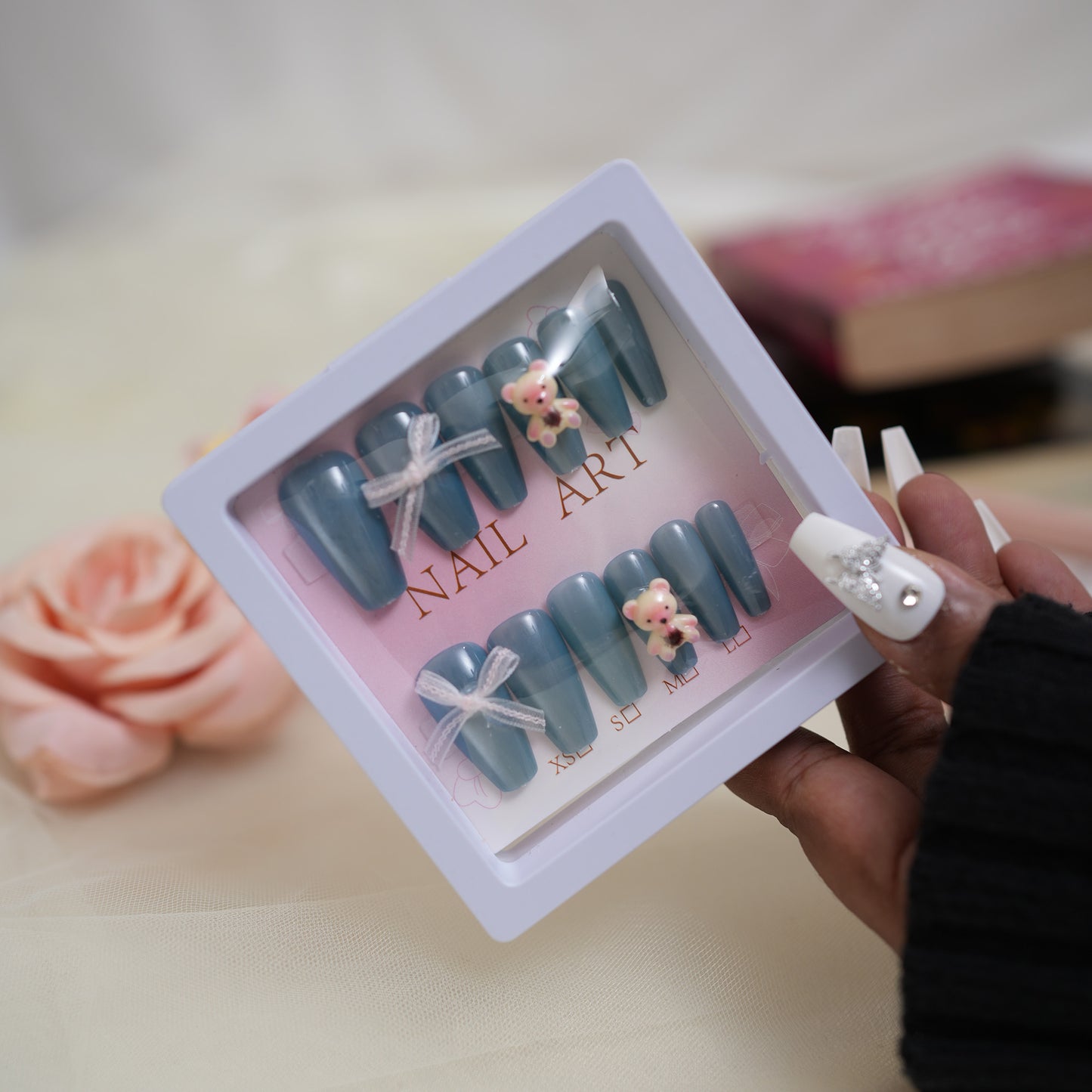 Coffin Nails With Bow And Teddy Blue