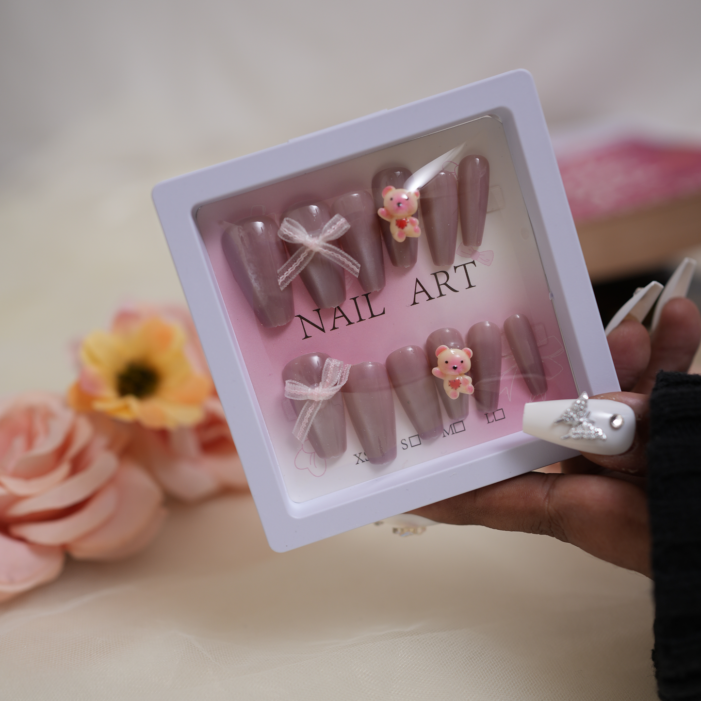 Coffin Nails With Bow And Teddy Brown