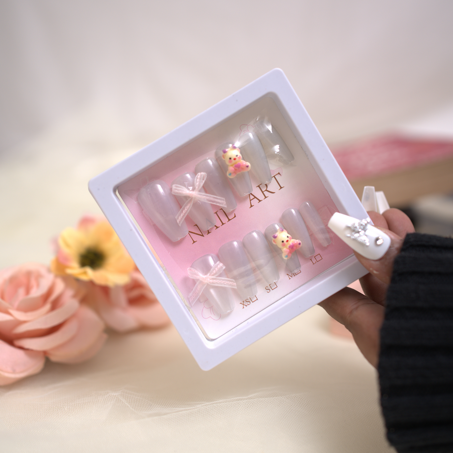 Coffin Nails With Bow And Teddy White