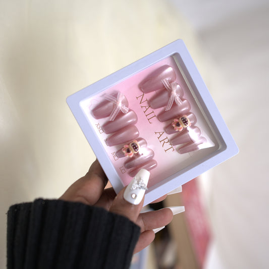 Coffin Nails With Bow And Teddy Pink