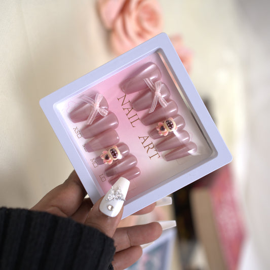 Coffin Nails With Bow And Teddy Pink