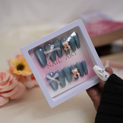 Coffin Nails With Bow And Teddy Blue