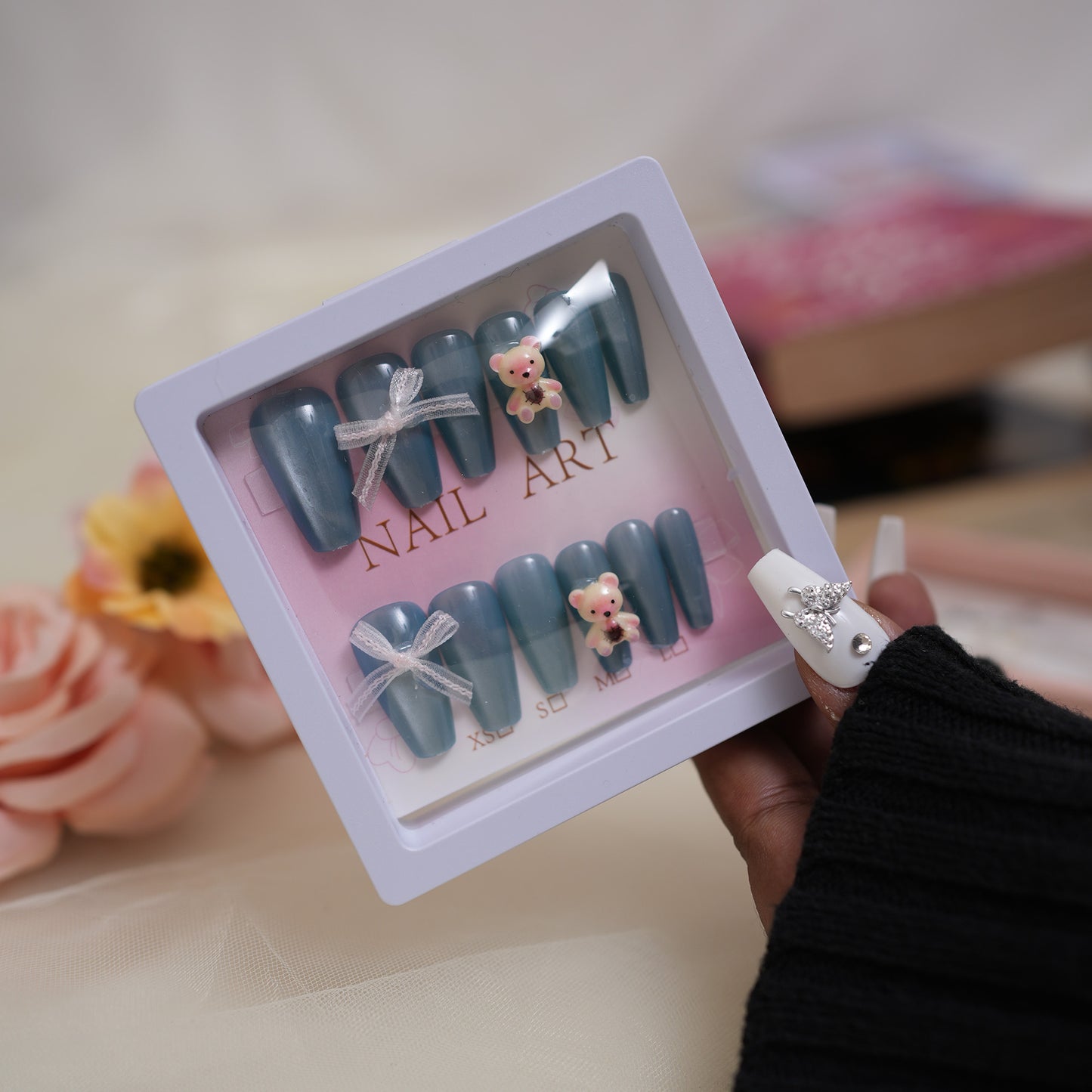 Coffin Nails With Bow And Teddy Blue