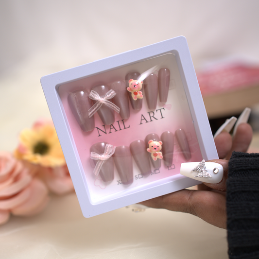 Coffin Nails With Bow And Teddy Brown