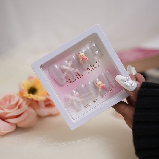 Coffin Nails With Bow And Teddy White