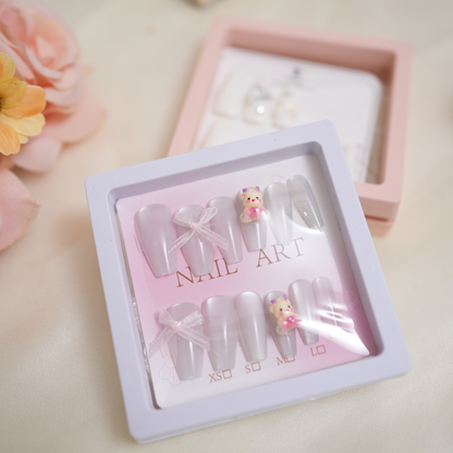 Coffin Nails With Bow And Teddy White