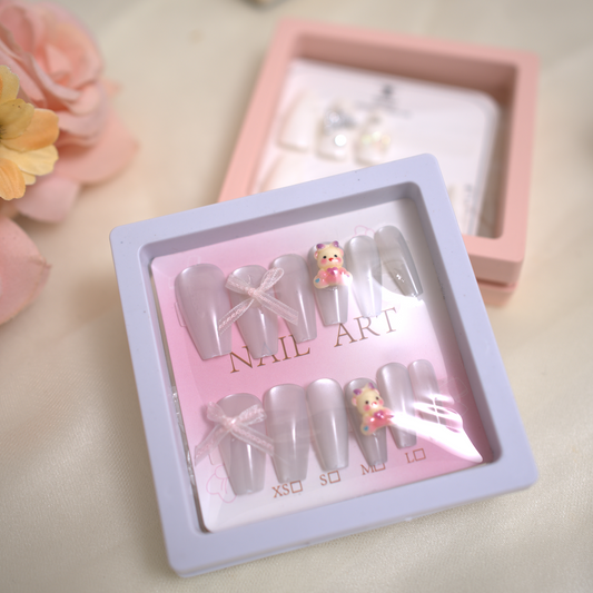 Coffin Nails With Bow And Teddy White