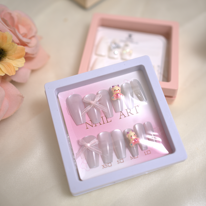 Coffin Nails With Bow And Teddy White