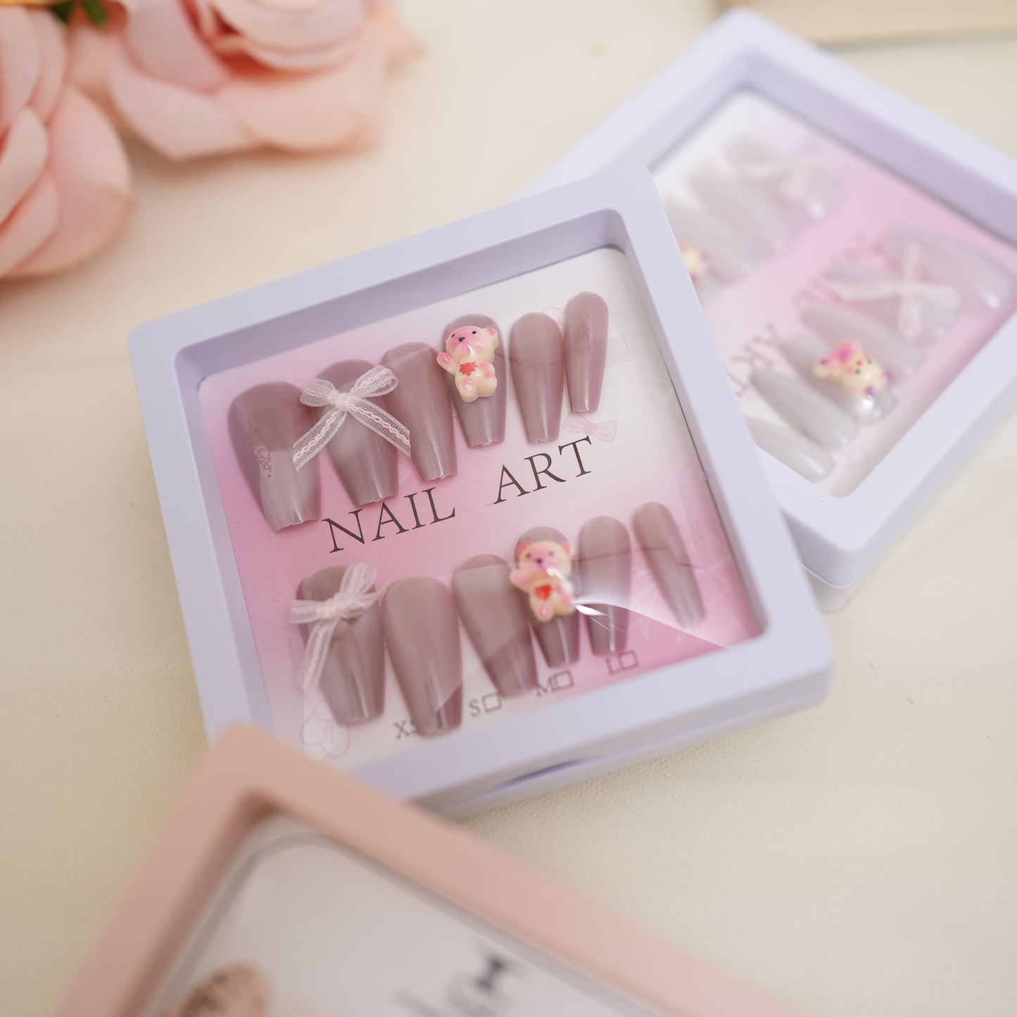 Coffin Nails With Bow And Teddy Brown