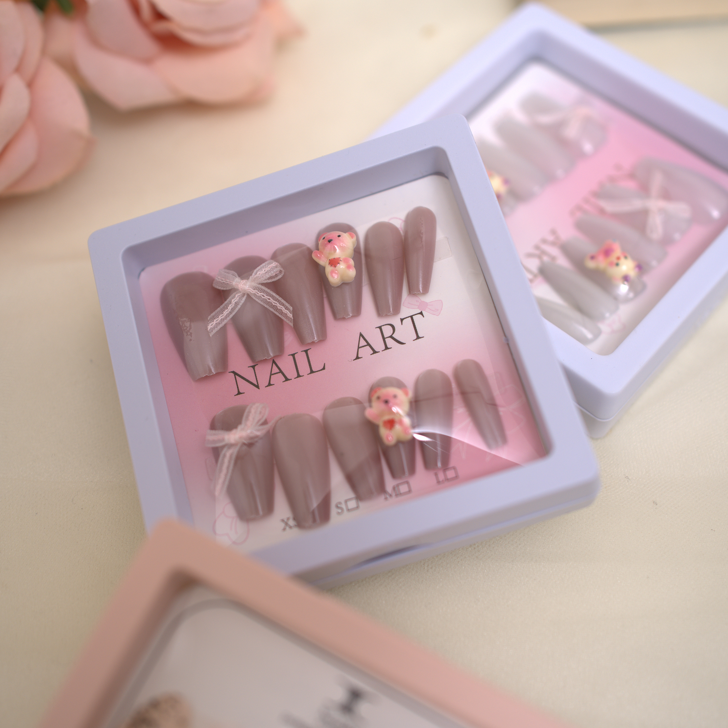 Coffin Nails With Bow And Teddy Brown