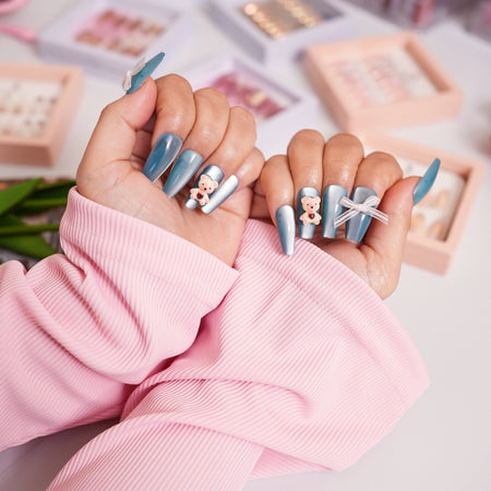 Coffin Nails With Bow And Teddy Blue