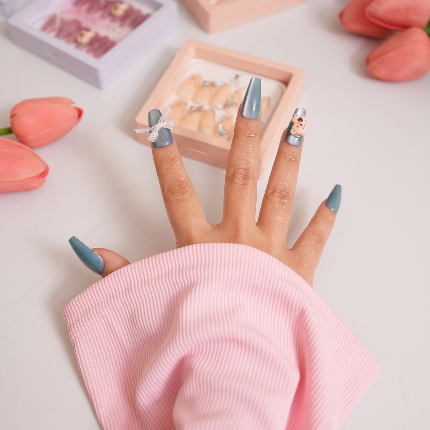 Coffin Nails With Bow And Teddy Blue
